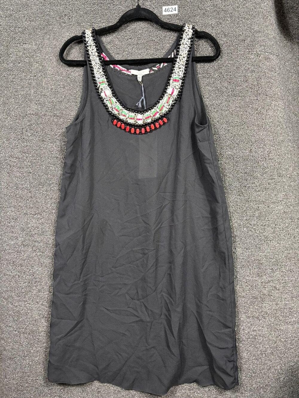 Adam Lippes Silk Shift Dress Womens 10 Black Embellished Beaded Neck Holiday NEW